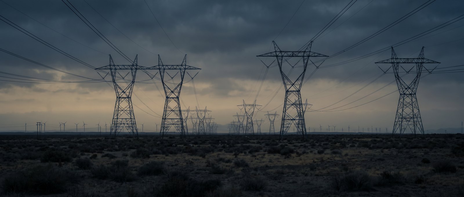 Hochspannungsmasten und Windräder in weiter Landschaft bei Dämmerung