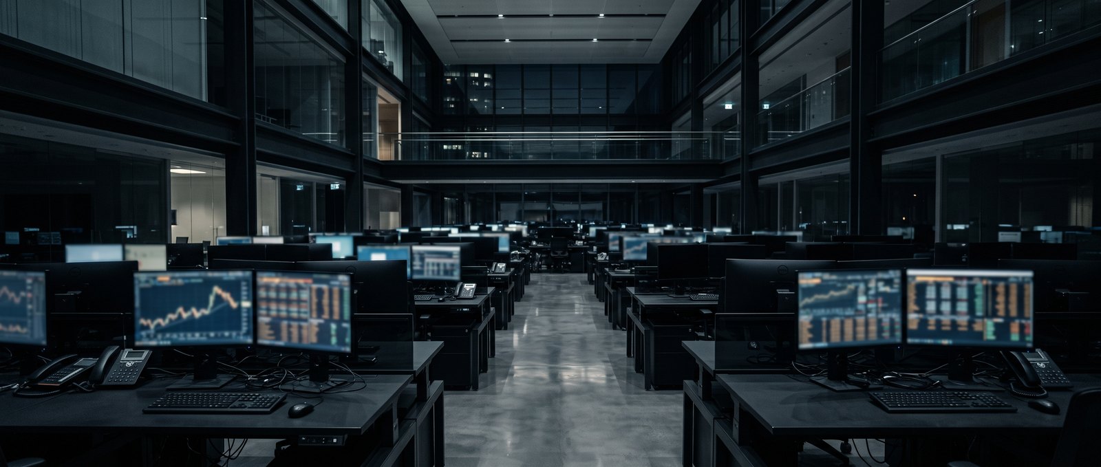Handelsraum mit Monitorwänden und laufenden Kursverläufen